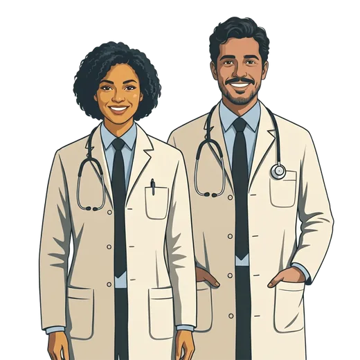 Dois médicos sorrindo de jaleco branco com estetoscópio